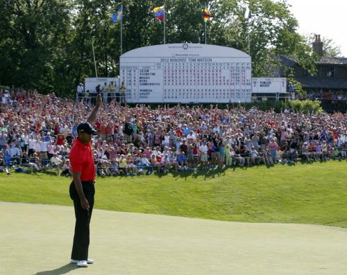 Tiger Woods of the US reacts after birding the 18th hole to win the Memorial Golf Tournament at Muirfield Village Golf Club in Dublin