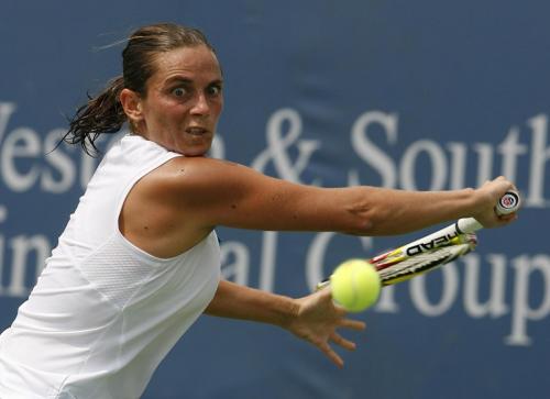 Roberta Vinci of Italy, returns a volley to Dinara Safina of Russia, during their second round match of the 2009 Cincinnati Women's Open tennis tournament in Cincinnati