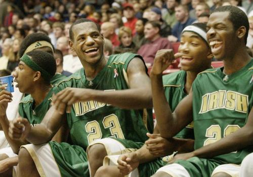 ST. VINCENT-ST. MARY LEBRON JAMES LAUGHS WITH HIS TEAM MATES