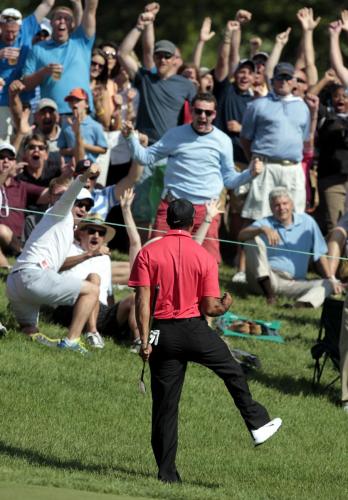 Tiger Woods of the U.S. reacts after chipping in for birdie on the 16th hole during the final round of the Memorial Tournament at Muirfield Village Golf Club in Dublin